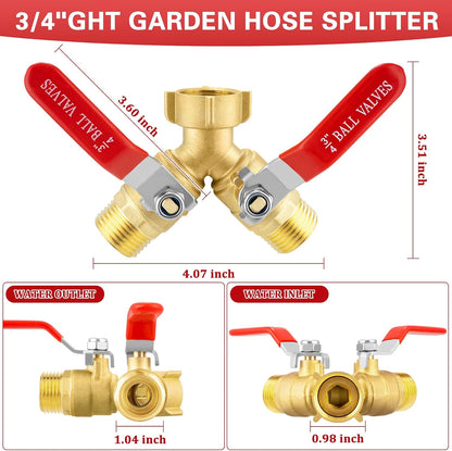 Garden Hose Splitter, 304 Stainless Steel 2 Way Hose Splitter with Long Handle, Heavy Duty Hose Y Spigot Splitter with Shutoff Valves, 3/4" GHT Thread Outdoor Faucet Splitter