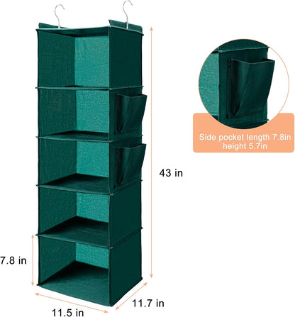 BOOMIBOO Hanging Closet Organize and Shelves，5-Hanging Shelf with 2 Side Pockets，Storage Foldable （Grey）