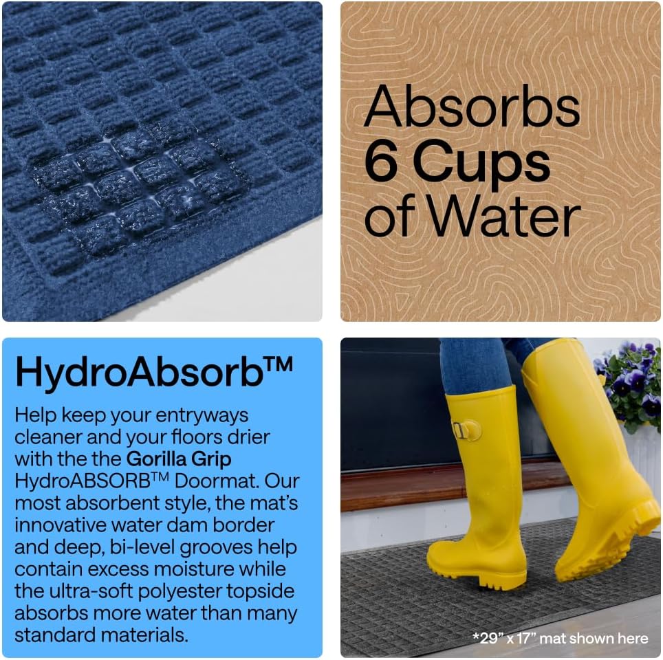 GORILLA GRIP® Ultra Absorbent Front Door Mat Outside Entrance, Traps Dirt and Moisture, HydroABSORB Indoor Outdoor Doormat Holds Up to 1.7 Cups Water, Stain and Fade Resistant Welcome Mat, 29x17 Black