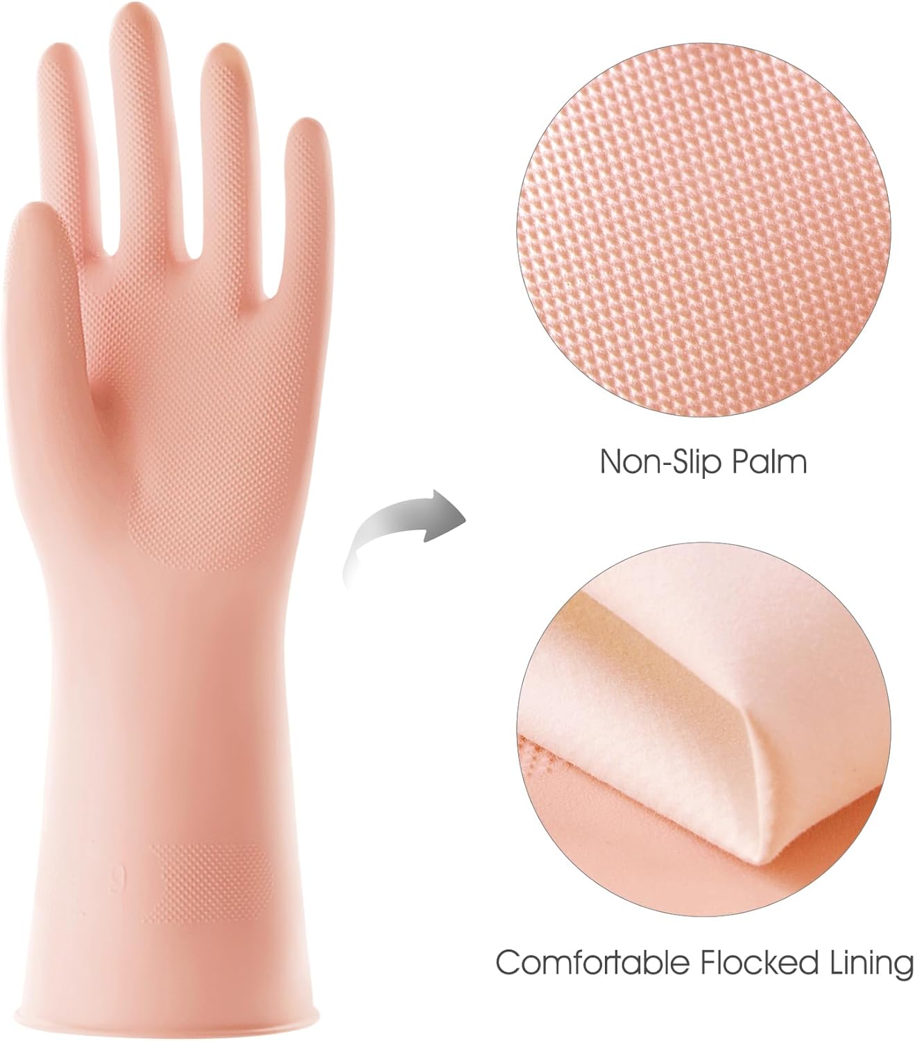 COOLJOB Medium Household Rubber Gloves with Cotton Liner & Non-slip Grip, Waterproof Long Lasting Dishwashing Gloves for Kitchen & Bathroom Cleaning, Light Pink, 1 Pair