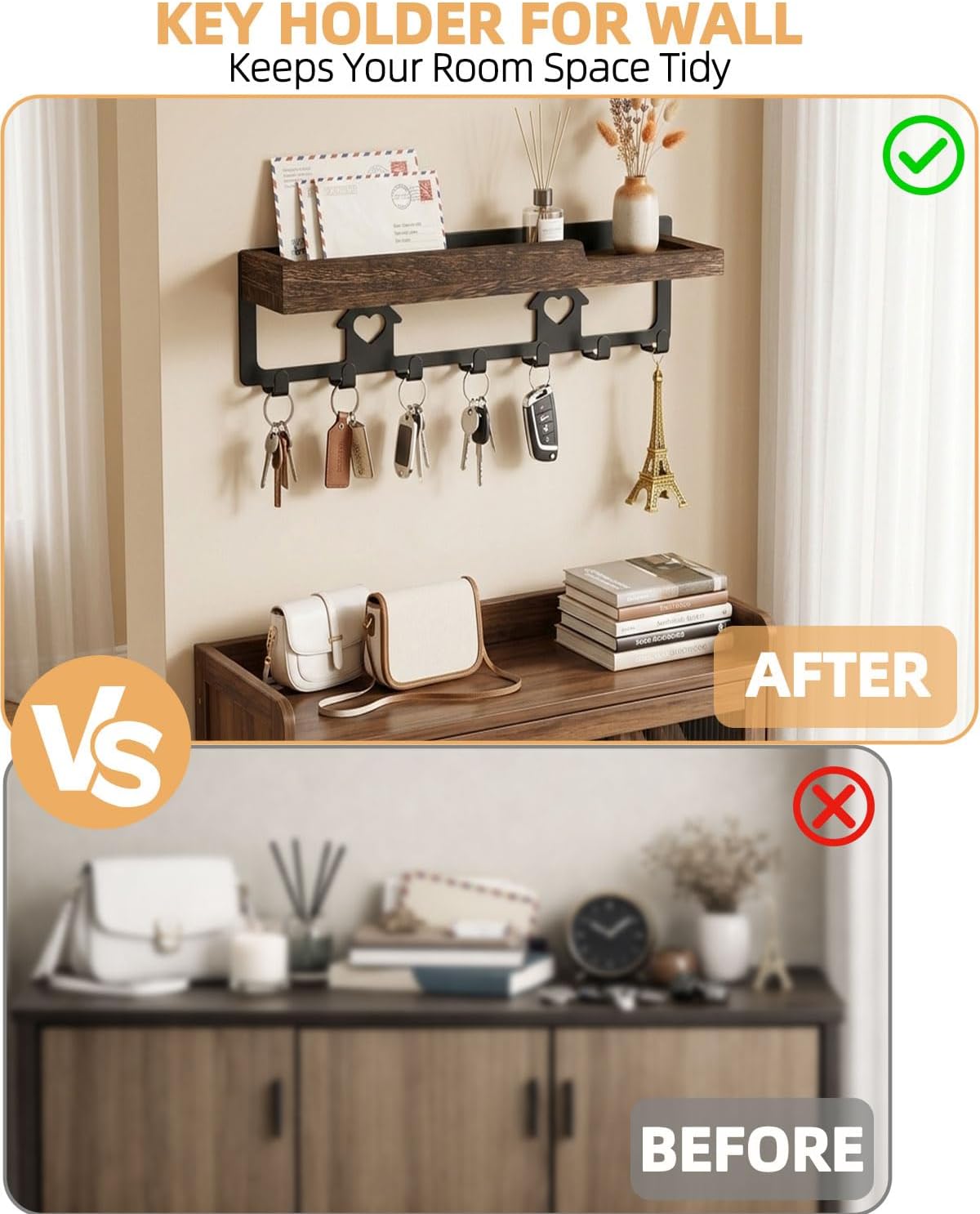 lucdnc Key Holder for Wall with Tray,Decorative 7 Metal Hooks and Paulownia Wood Shelf,Entryway Organizer for Mail,Keys,Sunglasses -Wall Mounted Key Hooks for Office Home Decor Key Rack