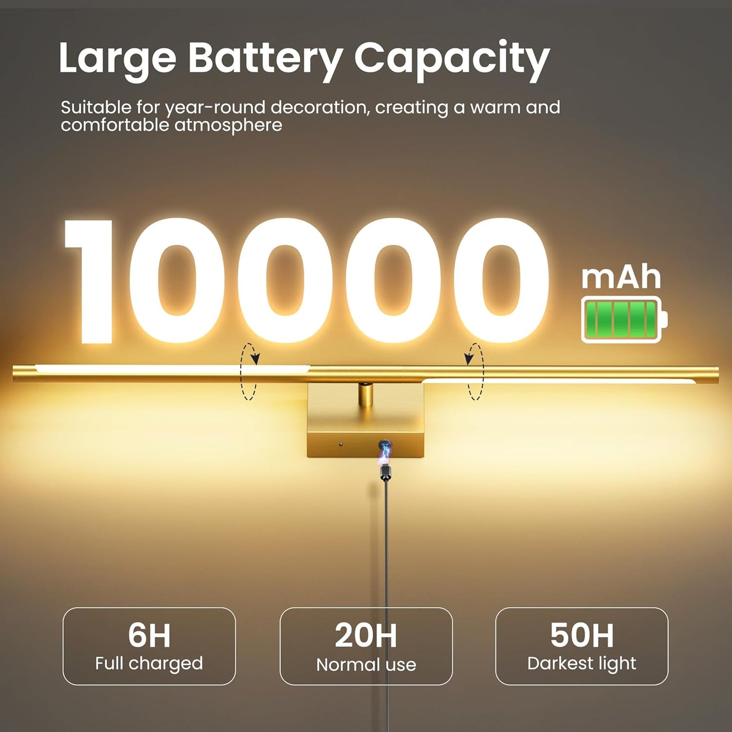 Battery Operated Wall Sconces Set of Two, 10000mAh Rechargeable Wall Lights with Remote Control, 360° Rotate Dimmable Black Gold LED Cordless Lighting for Bedroom, Living Room, Hallway, 29 Inch, 3CCT