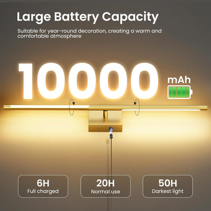 Battery Operated Wall Sconces Set of Two, 10000mAh Rechargeable Wall Lights with Remote Control, 360° Rotate Dimmable Black Gold LED Cordless Lighting for Bedroom, Living Room, Hallway, 29 Inch, 3CCT