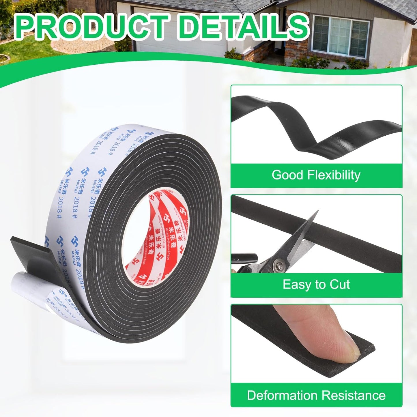 PATIKIL Sponge Rubber Foam Tape, 5/8" W x 1/8" t x 16.4ft l Self-Adhesive Foam Insulation Tape Weather Stripping for Window Door Soundproofing Weatherstrip AC Seal Strip, Black