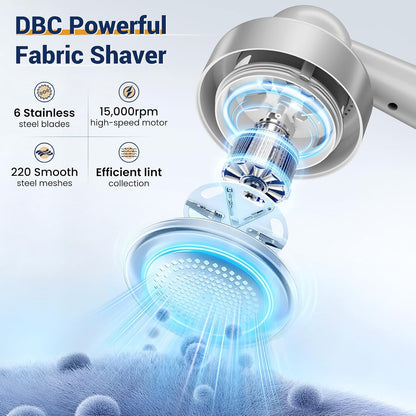 DBC Fabric Shaver & Lint Remover for Clothes, Sweaters & Furniture - 6-Leaf Blade, 3 Speeds, 2H Runtime, Portable Design Perfect for Travel, Includes 2 Extra Blades