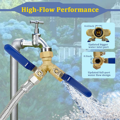 Garden Hose Splitter 2 Way Heavy Duty Brass with 304 Stainless Steel Elevated Handle Full Flow Water Hose Connector, Y Valve 3/4 Inch GHT Thread