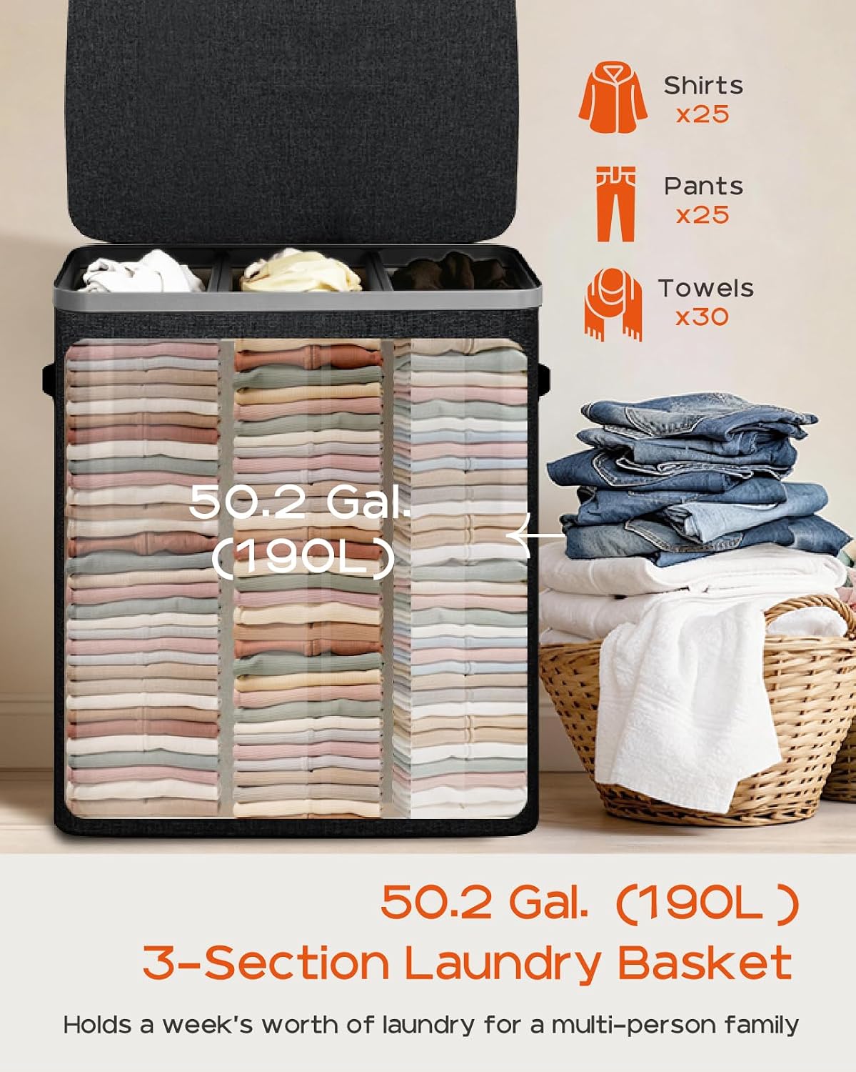CASAMAYA Laundry Basket with Lid, Laundry Hamper 3 Section, 190L collapsible Laundry Organizer, Easy Assembly, with Handles and Removable Liners, 25.2 x 15.7 x 29.5 Inches, Beige JSP904M