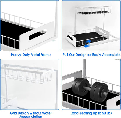 Under Sink Organizer, 2 Tier Pull-Out Cabinet Storage Shelf, Rust-Resistant Metal Organizer for Kitchen Bathroom Laundry Room, No Tools Installation, 1 Pack Black