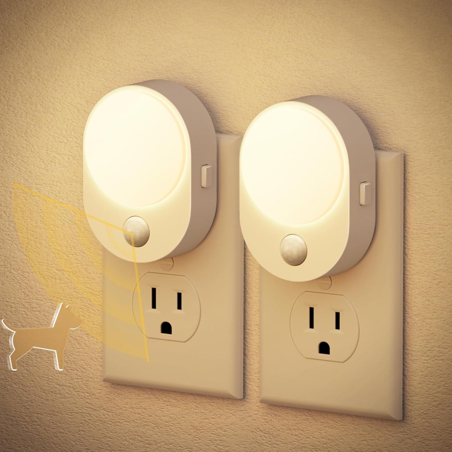 JandCase Motion Sensor Night Light, 2 Pack Motion Activated Night-Lights, 3000K Warm White LED Night Lights Plug into Wall, 30/60LM Adjustable Brightness, for Kids Adults Bathroom Bedroom