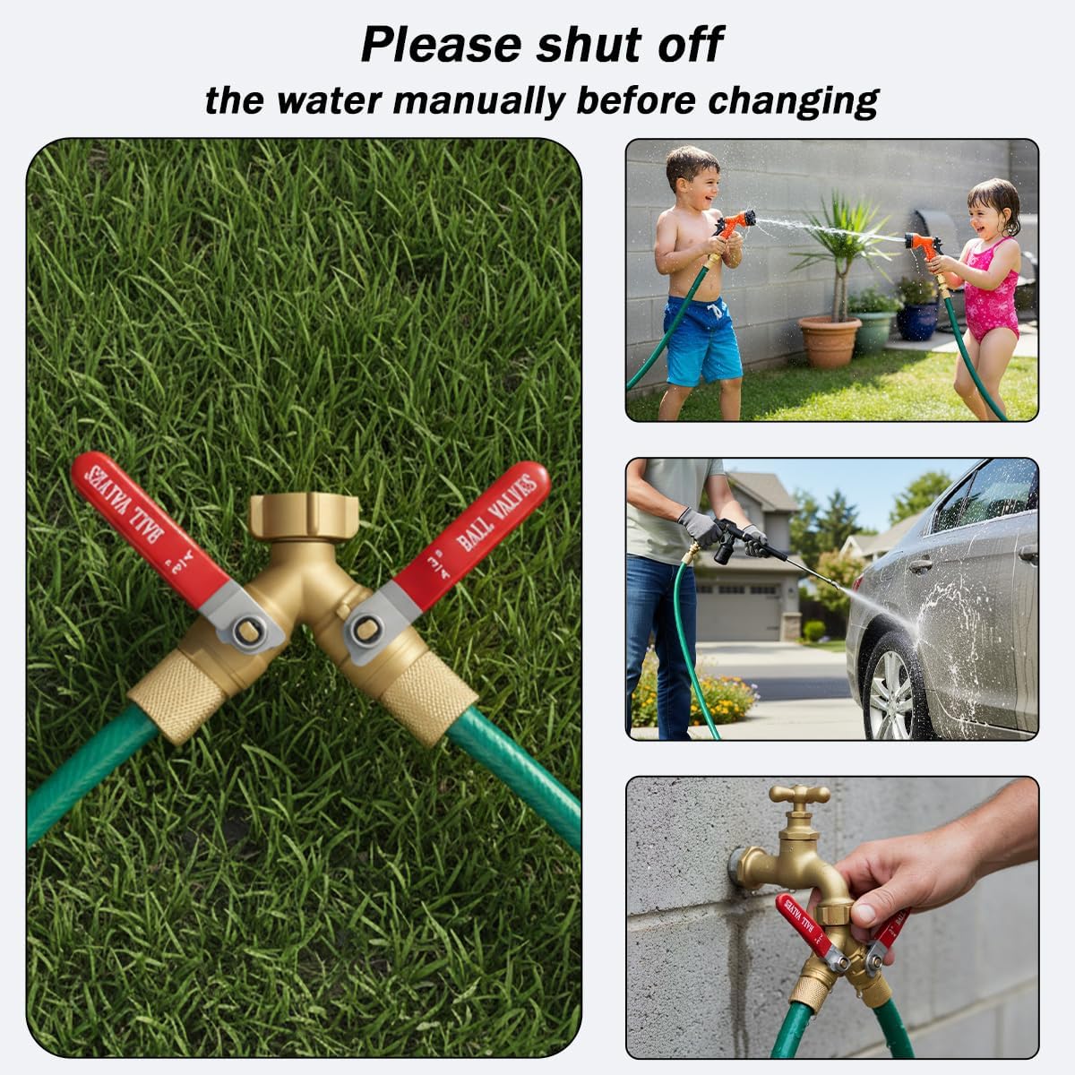 Garden Hose Splitter 2 Way Heavy Duty Brass, Full Flow Hose Bib Y Valve, 3/4" GHT Outdoor Faucet Splitter with Easy-Turn Long Handles and Washers