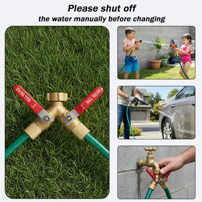 Garden Hose Splitter 2 Way Heavy Duty Brass, Full Flow Hose Bib Y Valve, 3/4" GHT Outdoor Faucet Splitter with Easy-Turn Long Handles and Washers