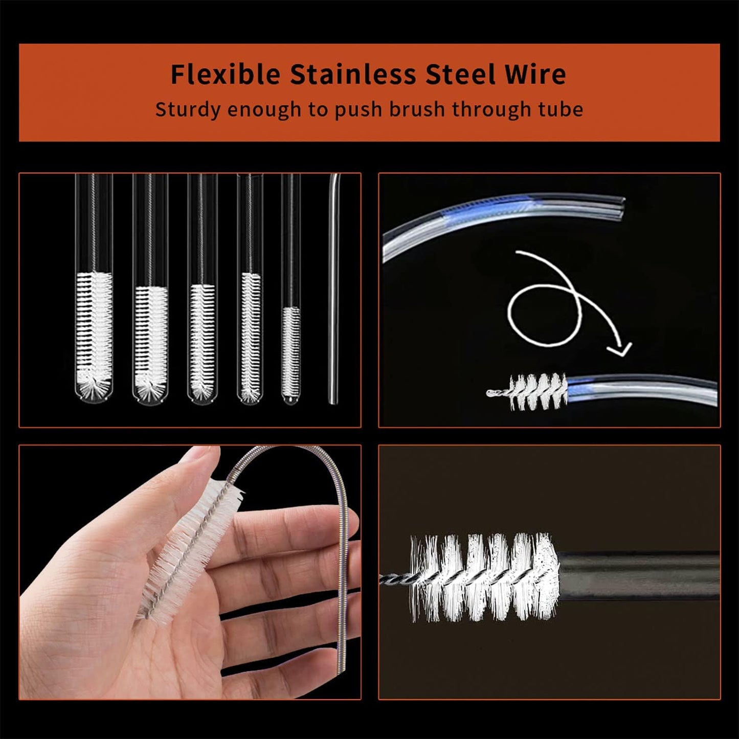 10PCS Flexible Drain Brush Straw Cleaner Brush Set,Pipe Cleaners Brush,61Inch Stainless Steel Double-Ended Hose Brush 8.2Inch Nylon Long CPAP Tube Cleaning Brush for Home Kitchen Sink Plumbing
