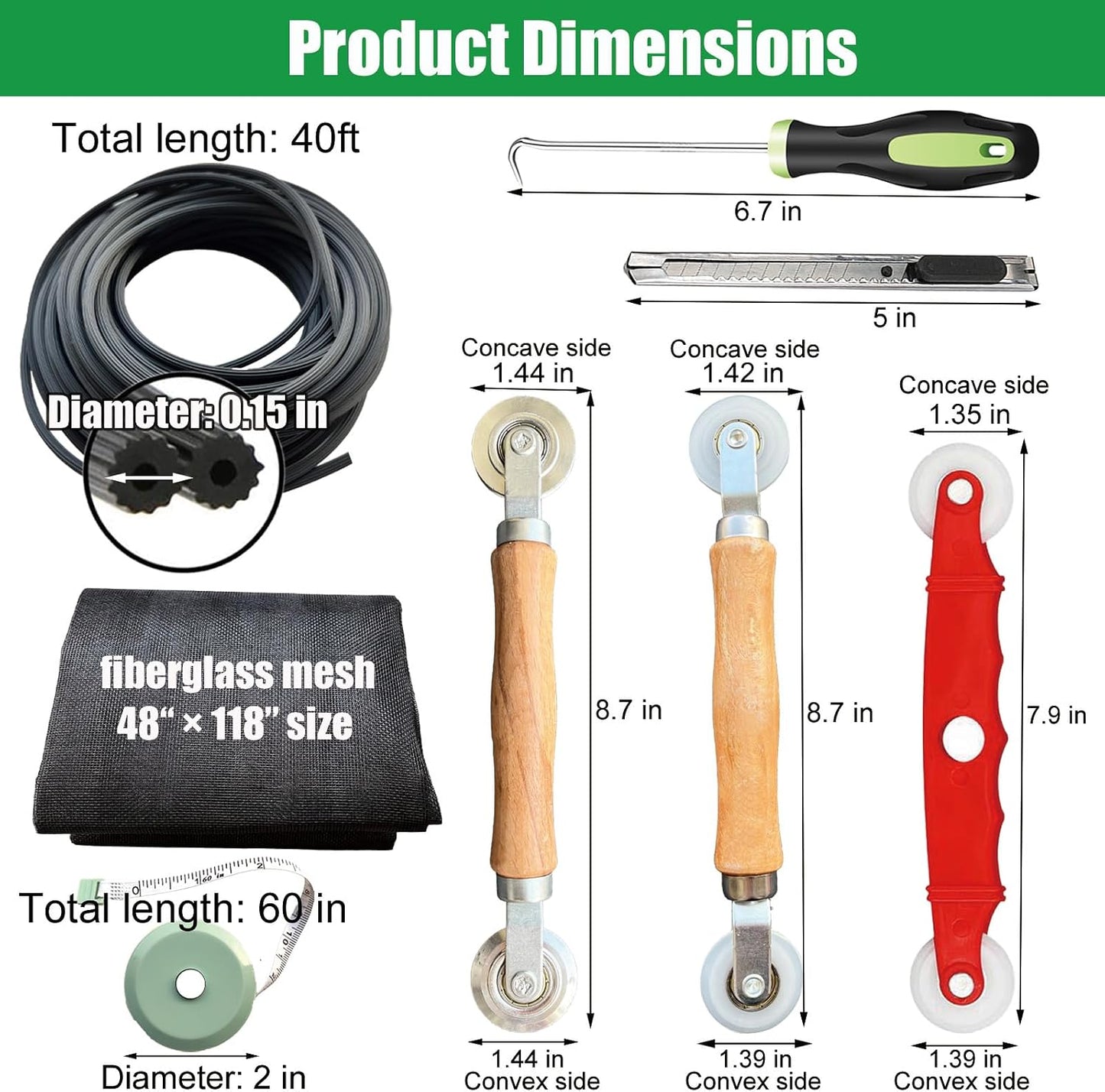 Screen Repair Kit & Window Screen Replacement Kit with Spline Roller Tool, Spline Removal Hook, Screen Cutter - Easy to Use 5-in-1 Tool for Screen Door Repair, Windows, Patio & Sliding Doors