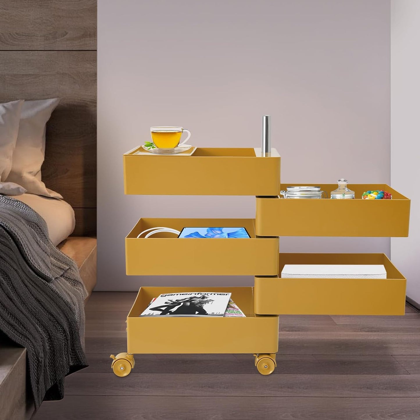 TFCFL 5 Tier Rolling Storage Cart, 360° Rotating Sofa Side Cabinet, Storage Cabinet Bedside Table for Bathroom Kitchen, Movable Narrow Cabinet with Wheels for Living Rooms, Kitchens, Offices (White)