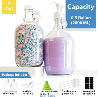 Sovietiep 2 Pack 64 Oz Laundry Detergent Dispenser with Pump and Lid - Half Gallon Glass Pump Bottle for Laundry Soap Dispenser, Liquid Detergent, Fabric Softener Dispenser - Extra Label, Funnel