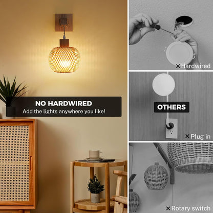 Battery Operated Wall Sconce with Remote Set of 2, Rechargeable Rattan Wall Sconces with 8000mAh Bulbs, Woven Bamboo Wall Light/Lamp Boho Wall Sconce for Bedroom (Black)