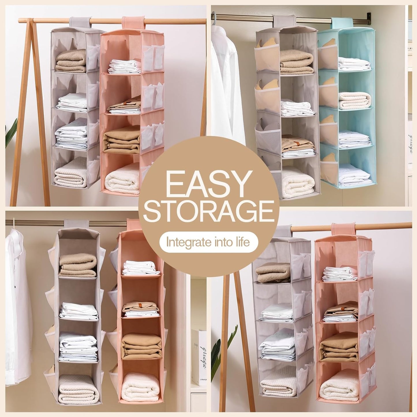 Hanging Closet Organizer, 4-Section Storage Shelves, Oxford Cloth with Mesh Pockets, (Gray, 4 Section)