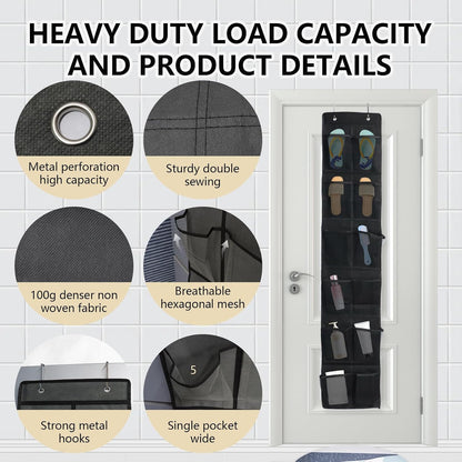 Over the Door Shoe Organizer, 12 Mesh Pockets Hanging Shoe Organizer with 4 Metal Hooks (Black)