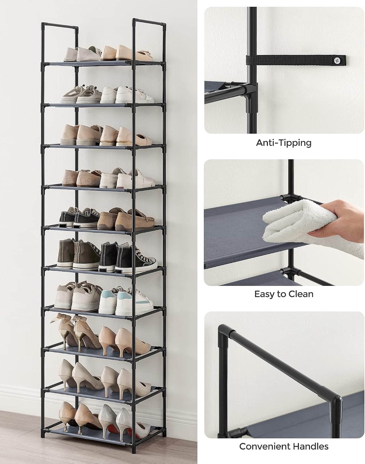 SONGMICS Shoe Rack, 10-Tier Shoe Shelf, Shoe Storage Organizer, 11 x 17.7 x 68 Inches, Metal Frame, Non-Woven Fabric Shelves, for Entryway, Bedroom, Black ULSH010B02