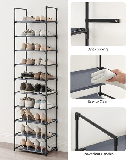 SONGMICS Shoe Rack, 10-Tier Shoe Shelf, Shoe Storage Organizer, 11 x 17.7 x 68 Inches, Metal Frame, Non-Woven Fabric Shelves, for Entryway, Bedroom, Black ULSH010B02