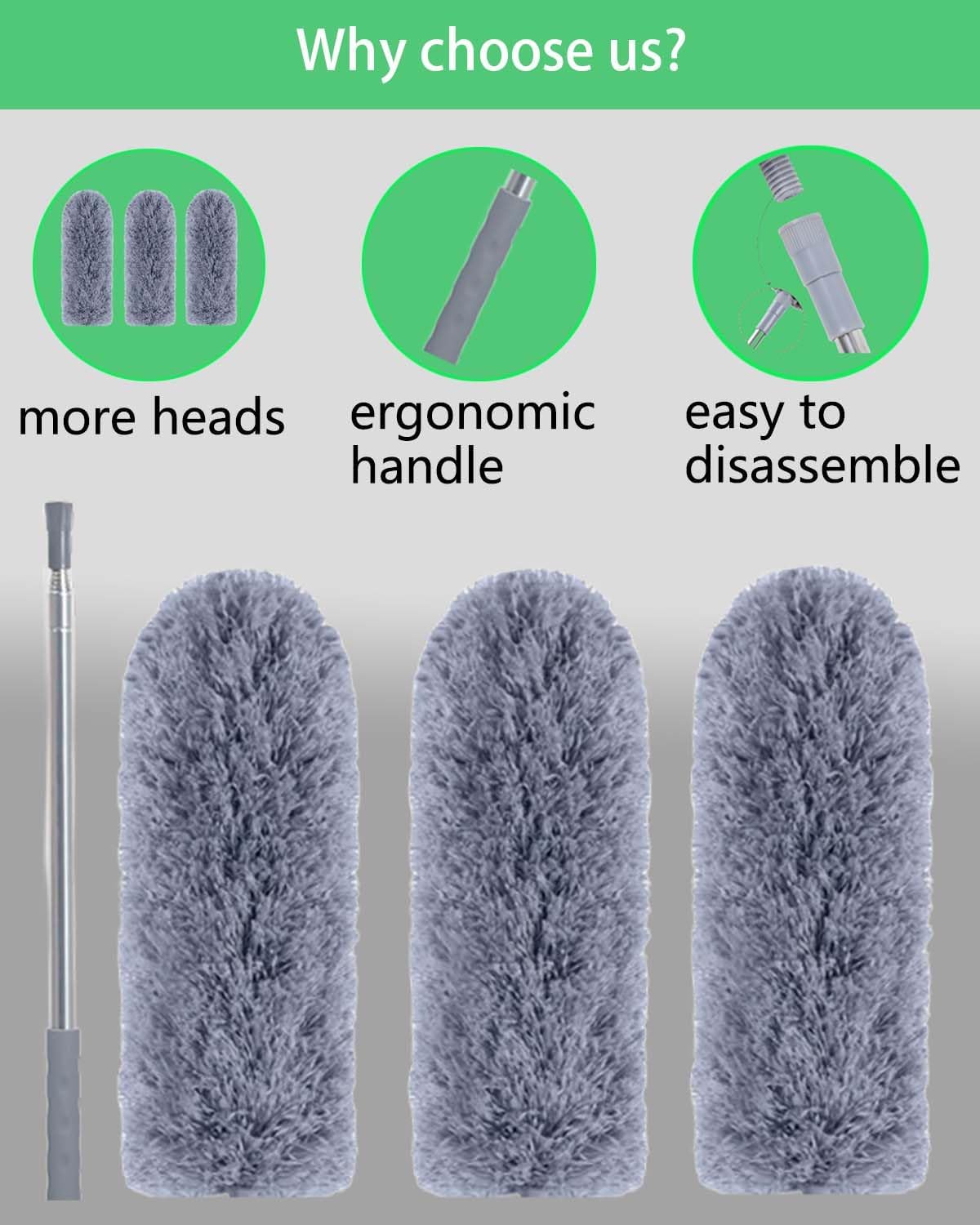 110" Extendable Feather Duster with Extension Pole, Ceiling Fan Cleaner Duster for High Ceiling, Bendable Microfiber Head, Long Handle Duster for Cleaning Fan, Furniture, and Cars (3 replaceable head)
