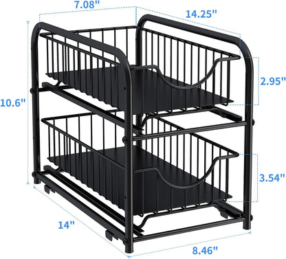 Pull-out Cabinet Organizer, Stackable 2-tier Under Sink Rack, with Sliding Storage Drawer for Pantry, and Desktop, for Bathroom, Kitchen, Office, Black
