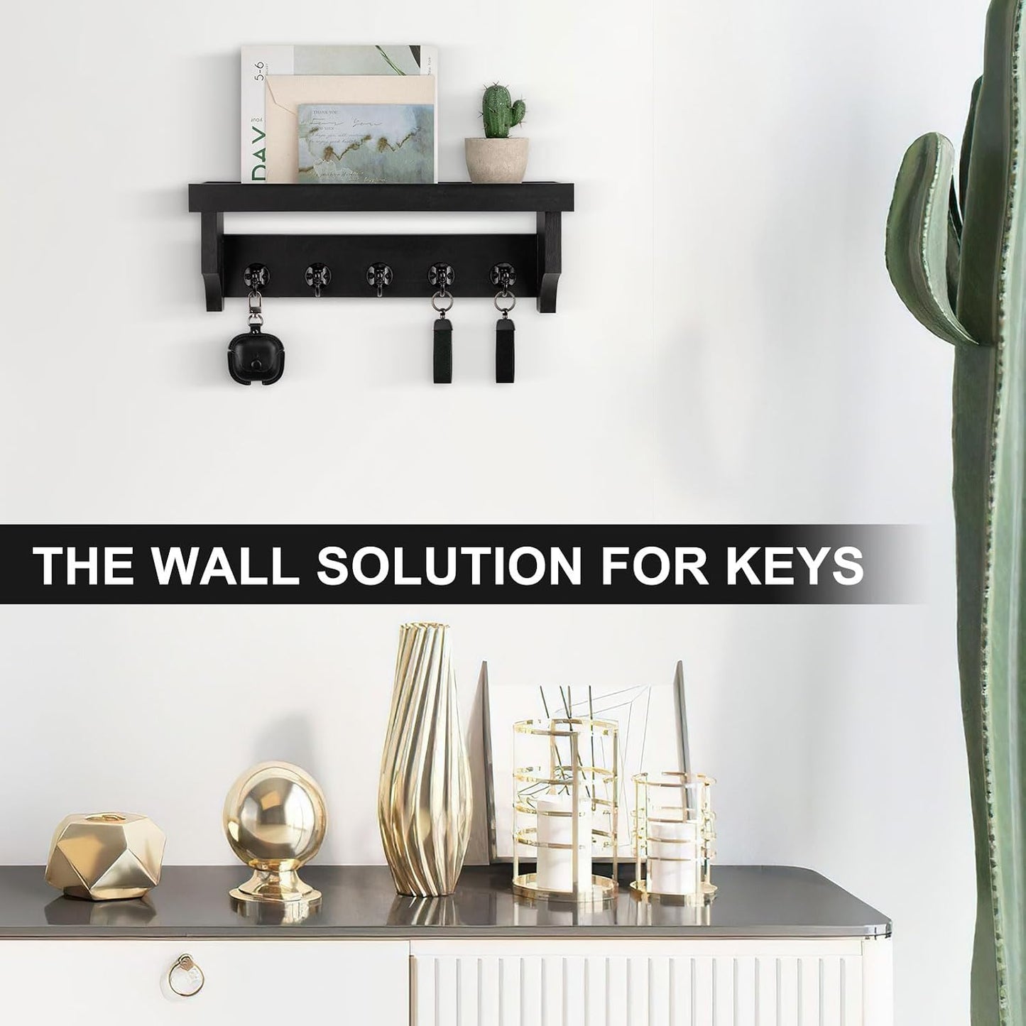 Key and Mail Holder Wall Mount, Key Holder with Shelf and Mail Organizer Wall Mount. Mail Holder with 5 Hooks for Coat, Dog Leash, Home Decor Rack, Entry Way Organizer (White)