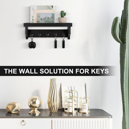 Key and Mail Holder Wall Mount, Key Holder with Shelf and Mail Organizer Wall Mount. Mail Holder with 5 Hooks for Coat, Dog Leash, Home Decor Rack, Entry Way Organizer (White)