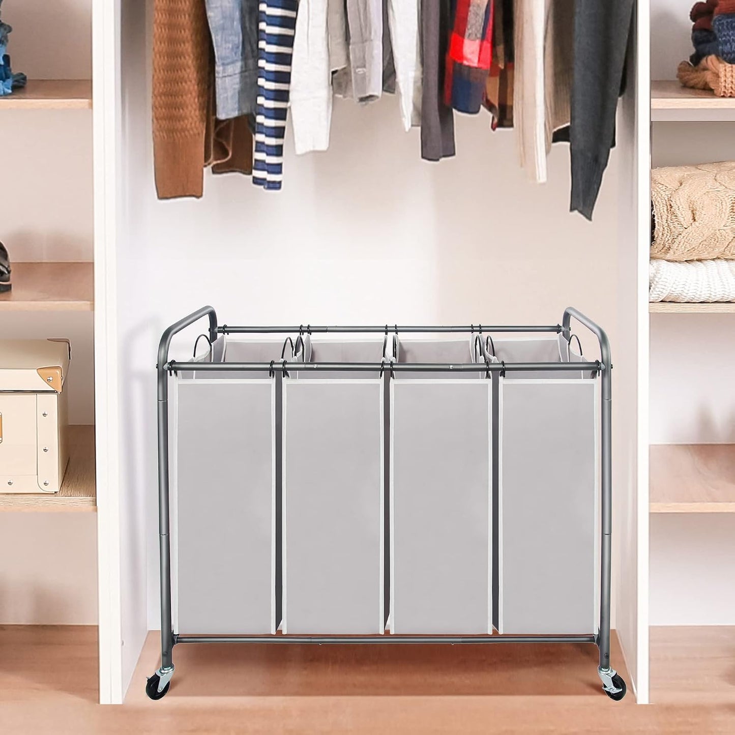 STO STO Laundry Sorter 3 Section, 3 Bag Clothes Hamper, Rolling Laundry Cart Basket with Heavy Duty Lockable Wheels and Removable Bag for Laundry Room, Bedroom, Closet, Gray