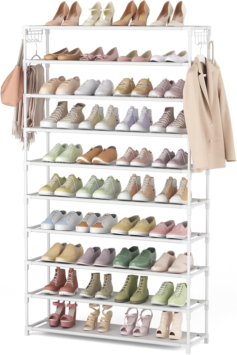LANTEFUL 10 Tiers Shoe Rack 50 Pairs Large Capacity Tall Shoe Organizer Sturdy Shoe Storage with Two Hooks Space Saving Metal Wide Shoe Rack for Closet, Entryway, Bedroom, Black