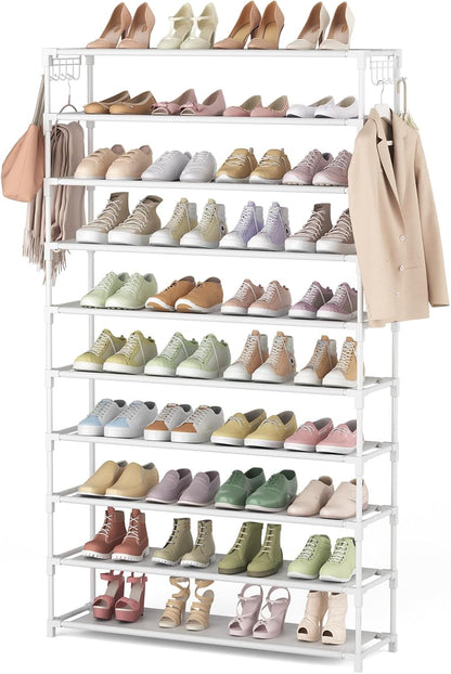 LANTEFUL 10 Tiers Shoe Rack 50 Pairs Large Capacity Tall Shoe Organizer Sturdy Shoe Storage with Two Hooks Space Saving Metal Wide Shoe Rack for Closet, Entryway, Bedroom, Black