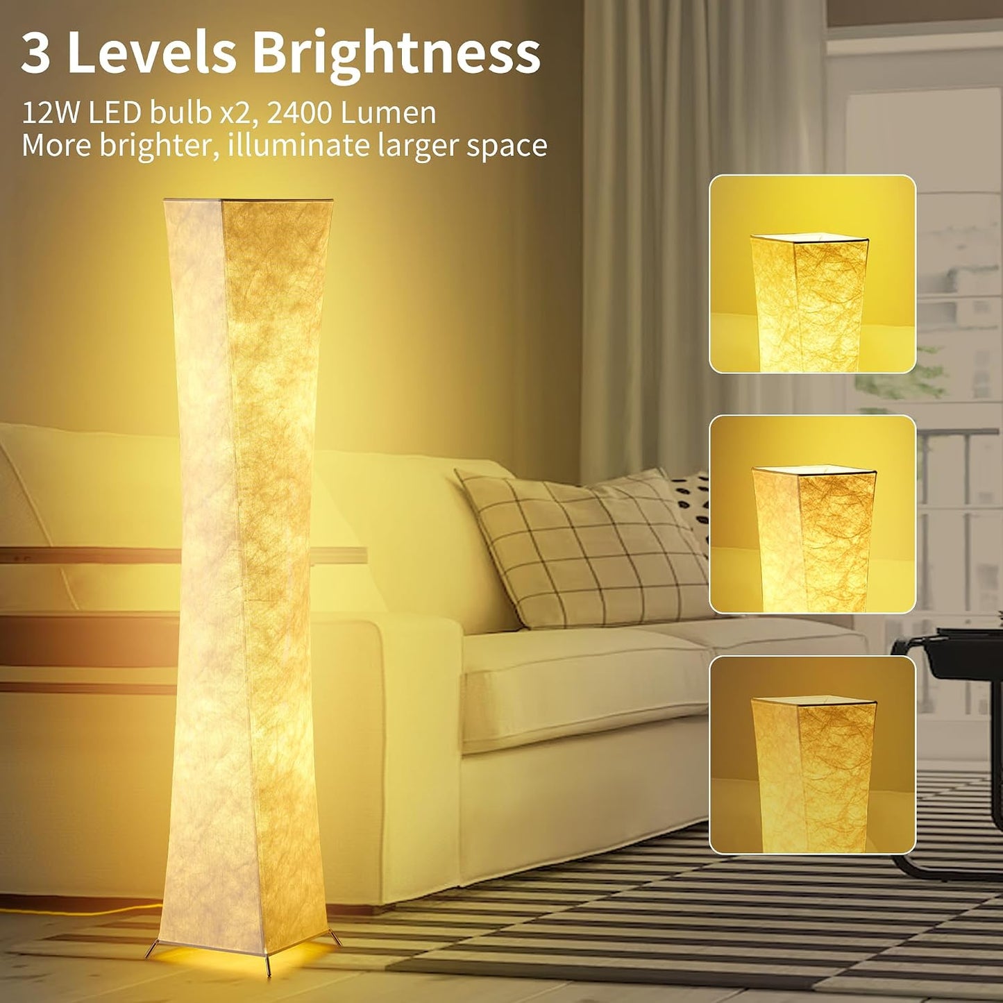 chiphy Floor Lamp, Dimmable 61" Tall Standing Lamp, 3 Levels Adjustable Brightness 12Wx2 LED Bulbs, Column Floor Light w/White Fabric Shade, Home Decor for Living Room, Bedroom, Kids Room