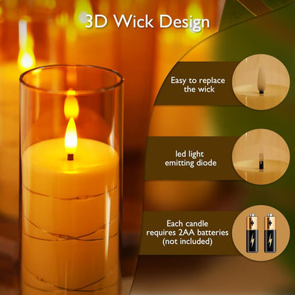 Raycare Flameless Candle with Remote Timer, 3 Flickering Acrylic Battery Operated LED Pillar Candles with Embedded Star String for Christmas, Wedding, Home Table Decor, and as a Gift (Ivory White)