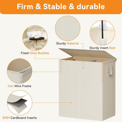 Chrislley 140L Laundry Hamper 2 Section, Double Laundry Basket with Lid, Large Dirty Clothes Hamper with Removable Liner Bags, Collapsible Laundry Organizer for Bedroom, Dorm,Beige
