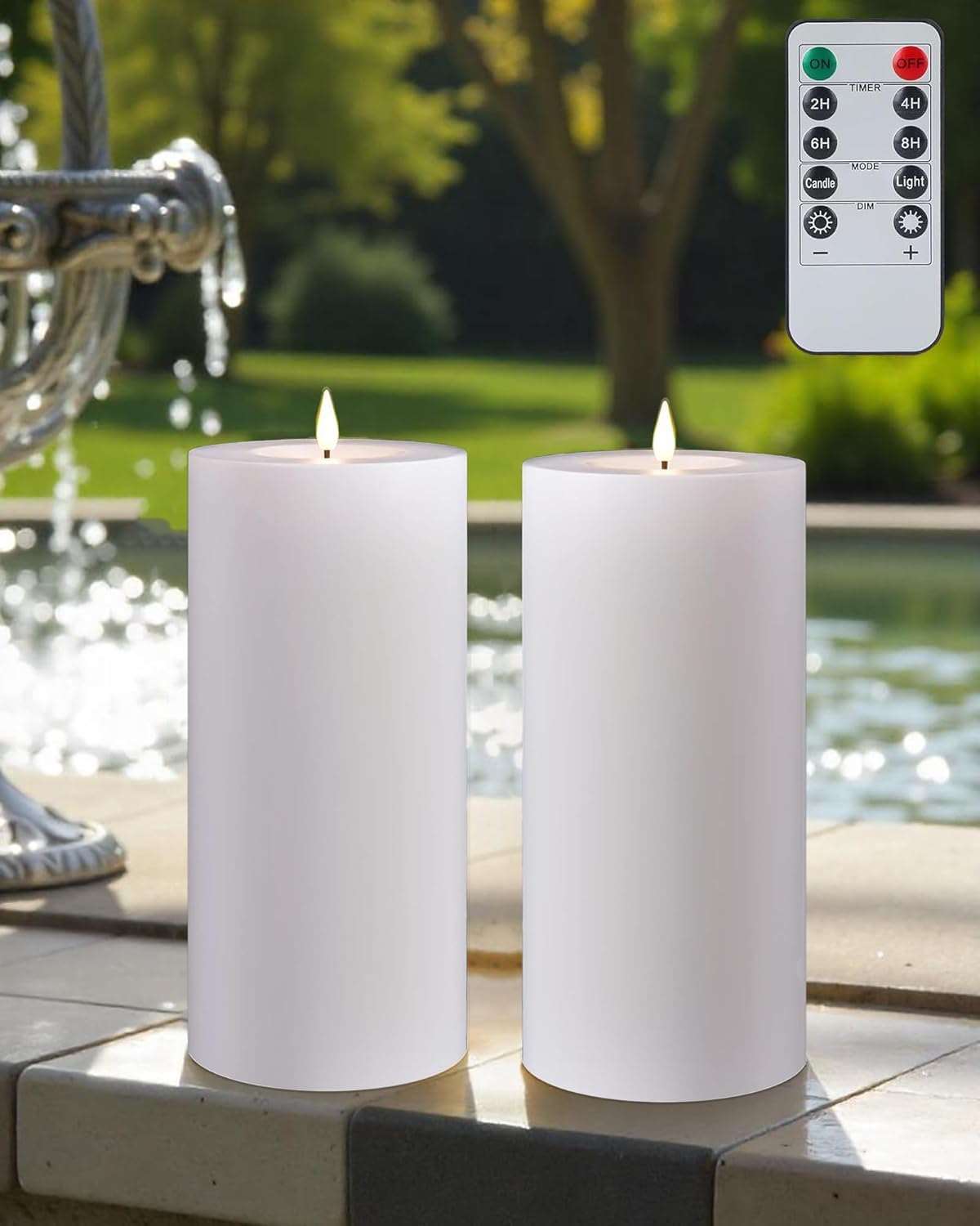 Gmnee 3"x6" Outdoor Waterproof Flameless Candles with Remote and Timers, LED Candles, Battery Operated Candles, Electric Fake Pillar Candles for Patio, Porch, and Lanterns Decor (White, Plastic)
