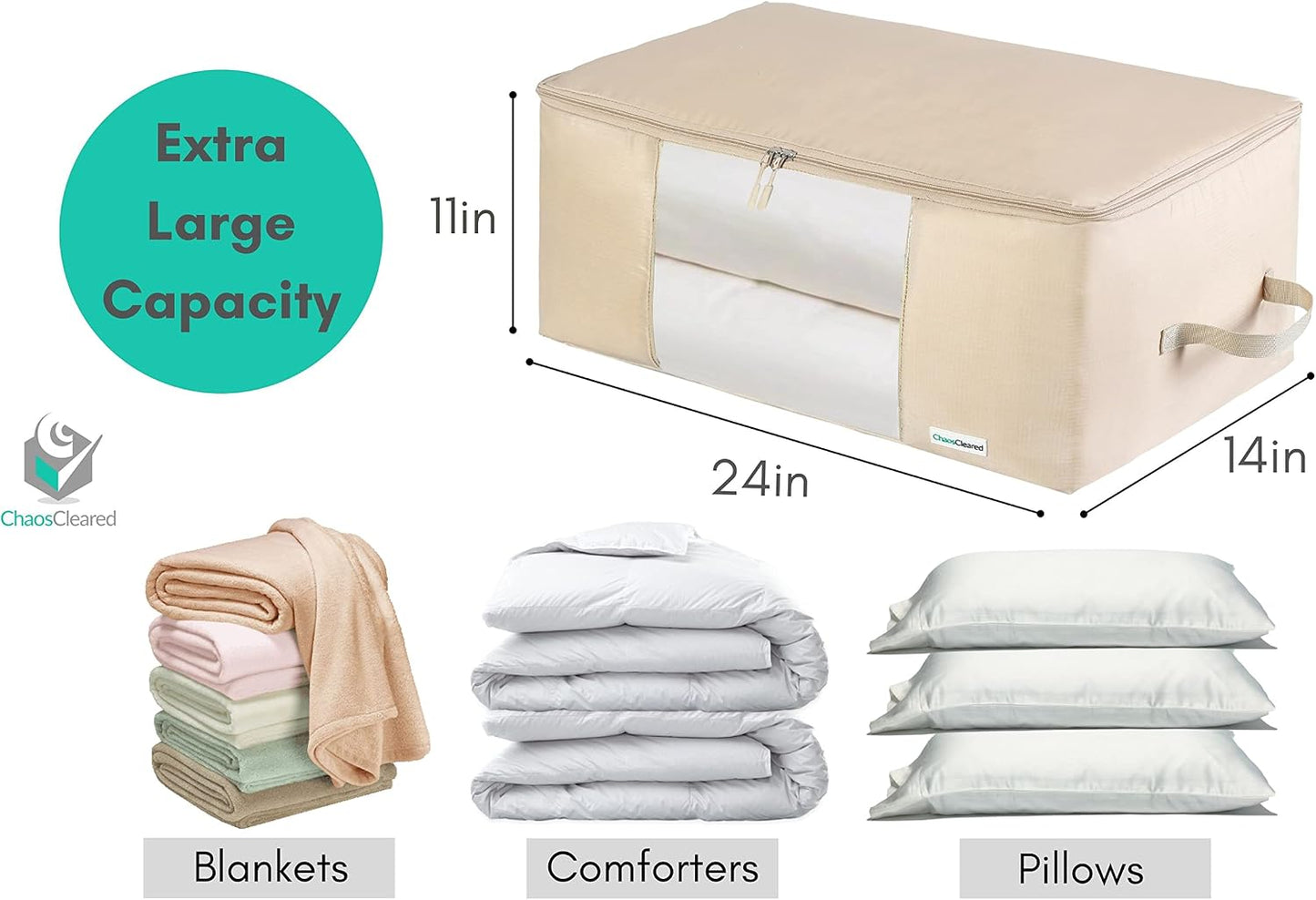 Comforter Storage Bag - Folding Organizer bag for King/Queen Comforters, Pillows, Blankets, Bedding/Quilt, Blanket, Duvet, Large Collapsible Organizers, 24"x14"x11" (Beige, 1-Pack)