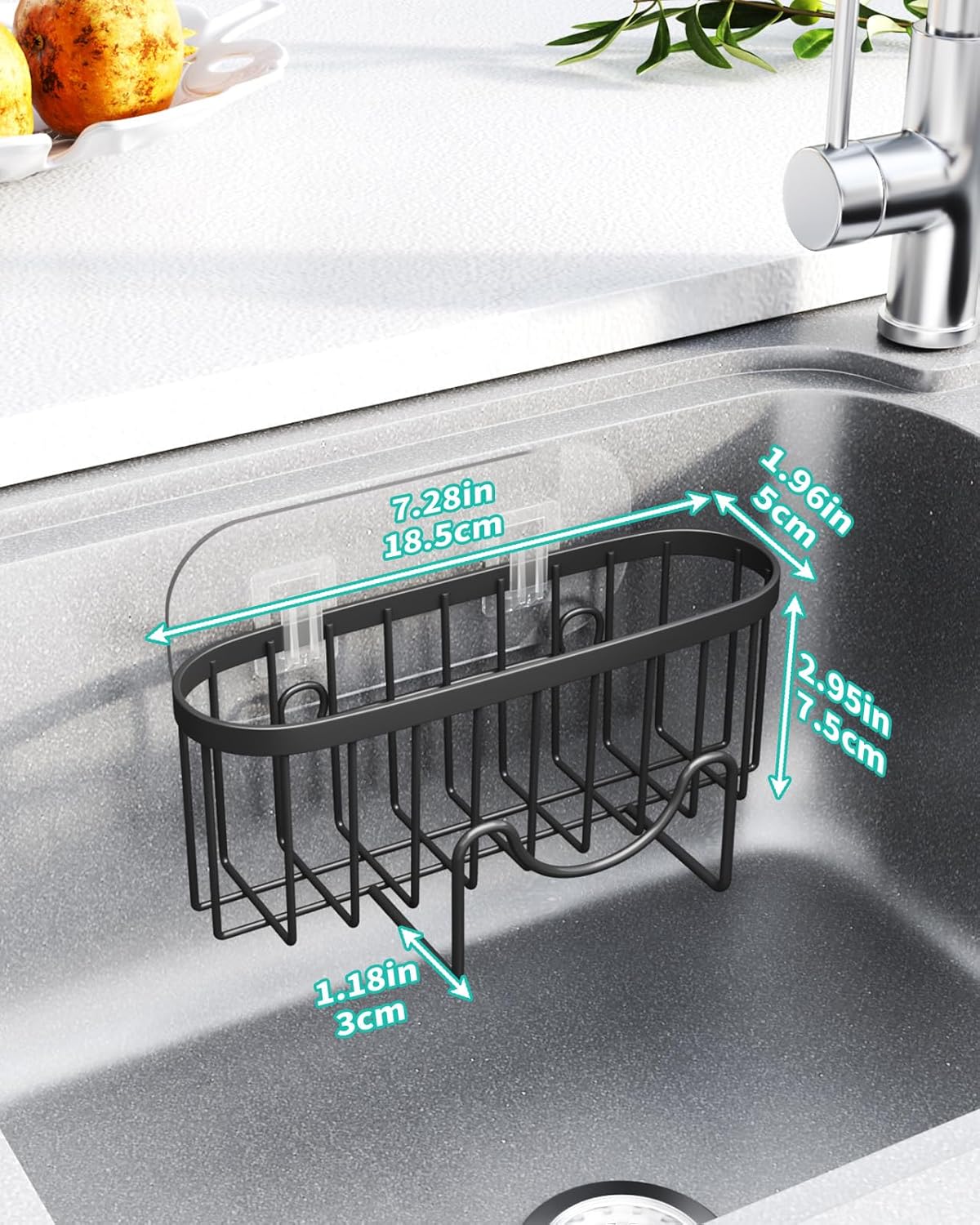 HapiRm Multifunctional Sponge Holder with Unique M-Shaped, 2 Installation Methods Kitchen Sink Caddy Organizer, Rustproof Stainless Steel Kitchen Organizers and Storage Essentials - Black