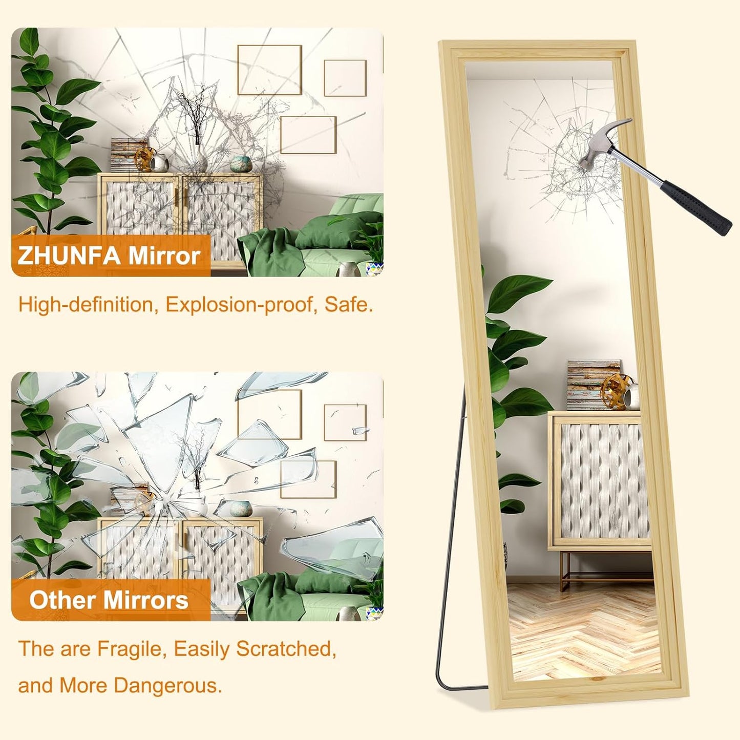 ZHUNFA Full Length Mirror, 71x32 Inch Full Length Mirror Wall Mounted | Vertical Hanging, Leaning Standing for Bedroom, Living Room, Rectangular Wooden Frame, Log Color.