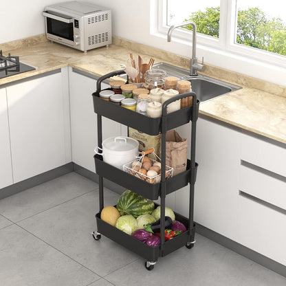 Sywhitta 4-Tier Plastic Rolling Utility Cart with Handle, Multi-Functional Storage Trolley for Office, Living Room, Kitchen, Movable Storage Organizer with Wheels, Black
