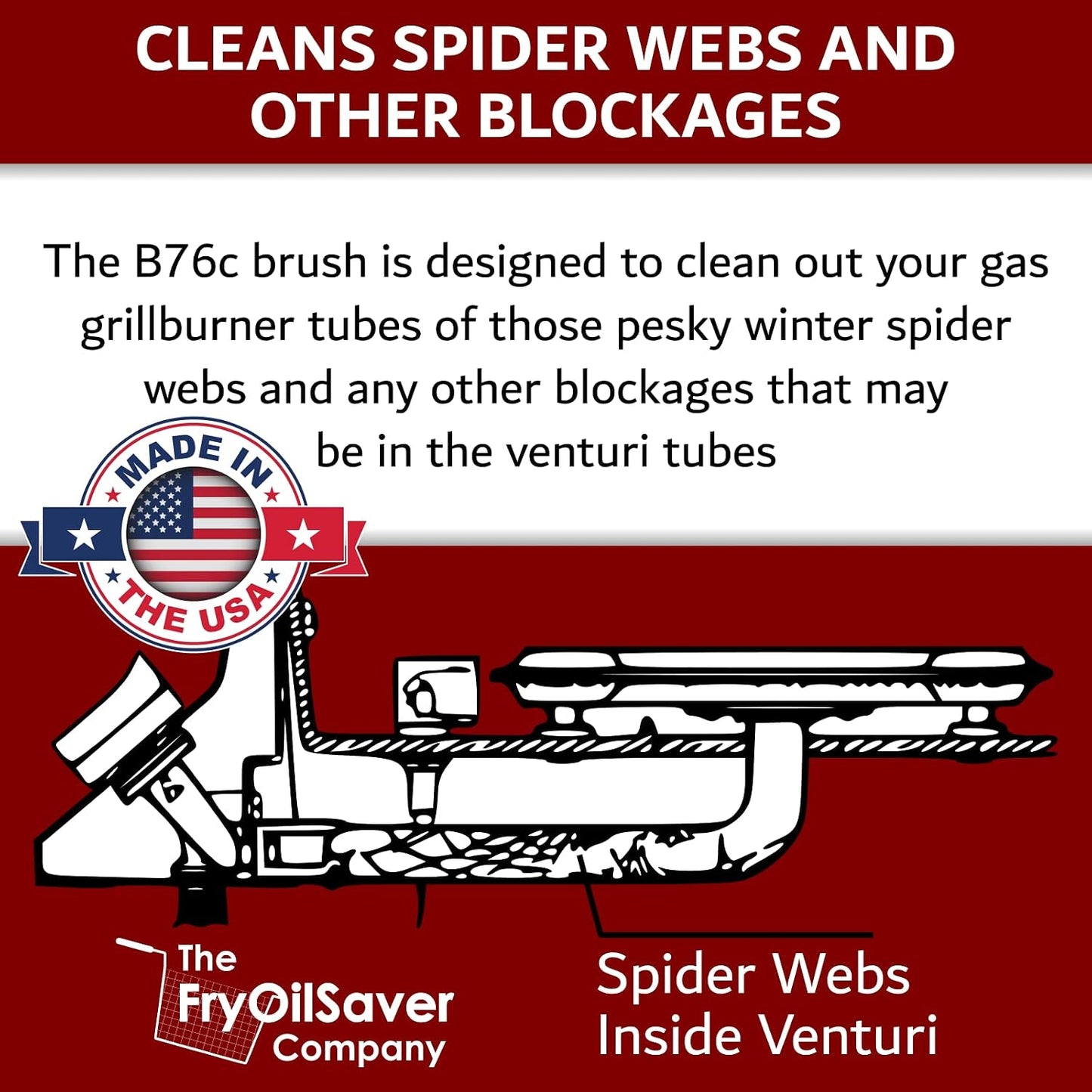 Gas Grill Tube Cleaner with Spring Stem - Premium Venturi Brush for Burner Maintenance - Cleans Grease, Debris - Prevents Blockage, Flare-Ups & Heat - Long, Bendable Design B76C by FryOilSaver Co.