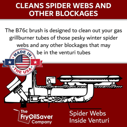 Gas Grill Tube Cleaner with Spring Stem - Premium Venturi Brush for Burner Maintenance - Cleans Grease, Debris - Prevents Blockage, Flare-Ups & Heat - Long, Bendable Design B76C by FryOilSaver Co.