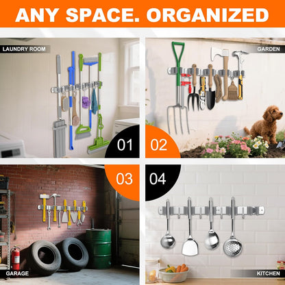 Broom Holder Wall Mount, Mop and Broom Organizer Broom Hanger Storage Tool Utility Racks Stainless Steel Wall Hooks Solid Mop Rack for Home Kitchen Garden Laundry Garage (5 Racks 4 Hooks)
