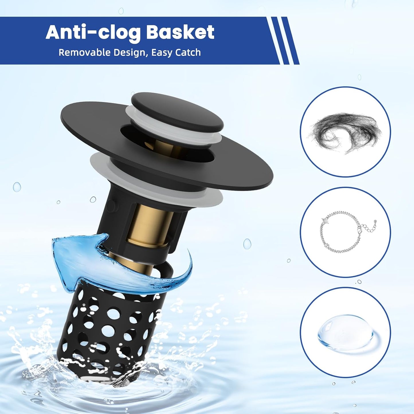 Universal Bathroom Sink Drain Strainer Hair Catcher, Brushed Nickel | Upgraded with Removable Stainless Steel Filter Basket, 3 in 1 Pop Up Sink Stopper for 1.1''~2.36'' Sink Basin Hole
