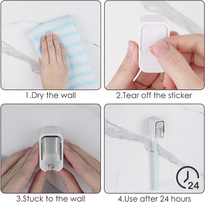 2 PCS Toothbrush Holder Wall Mounted with Cover for Bathroom, Self Adhesive Toothbrush Storage Organizer for Shower, Mini Toothbrush Hanger Rack for Dorm, Cabinet (Black)