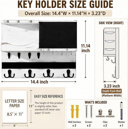 Key Holder for Wall Mount with Shelf and Mail Organizer, Key and Mail Holder with 16 Hooks, Farmhouse Entryway Organizer, Home Decor Rack (Pine Wood, Black)