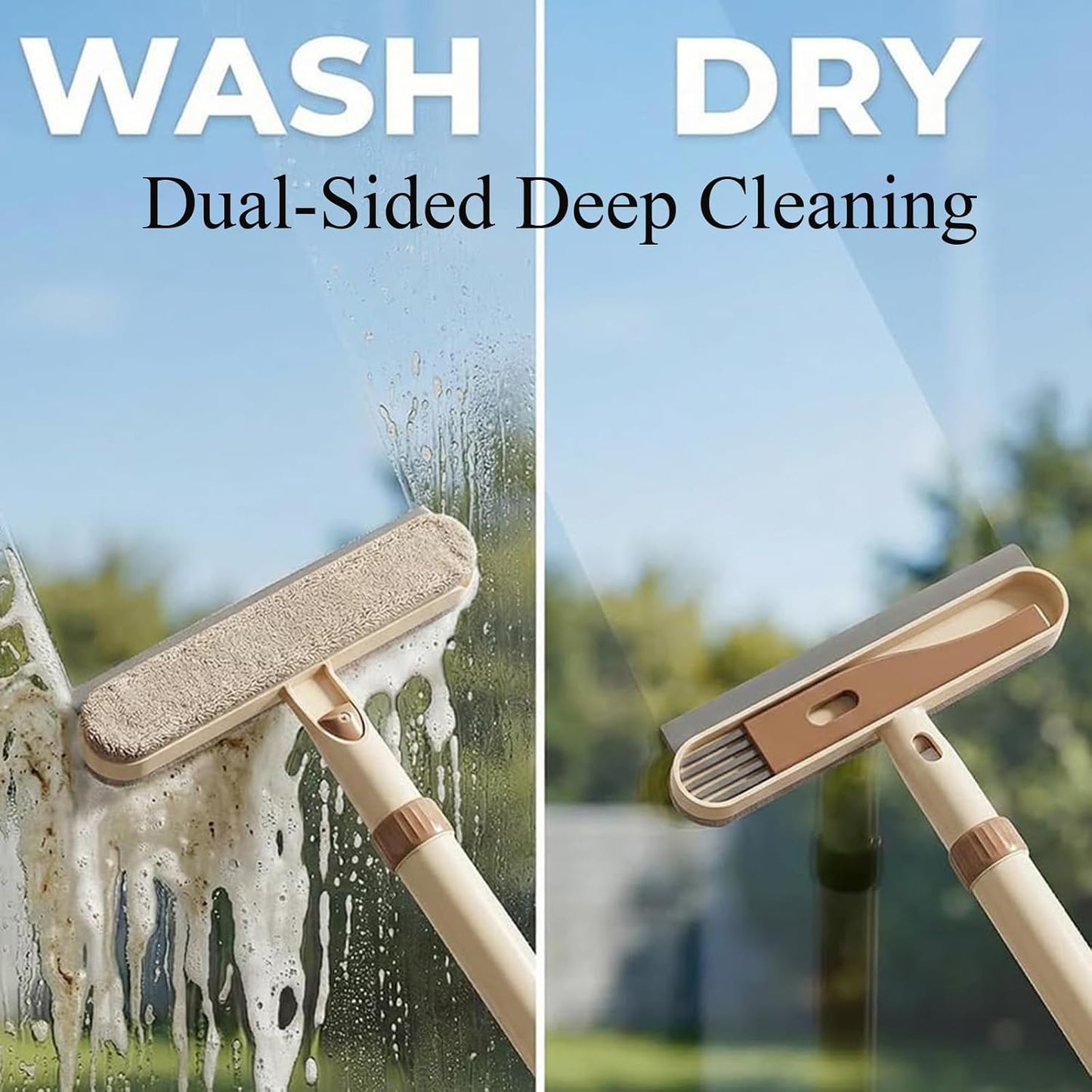 5-in-1 Double-Sided Window Screen Cleaning Brush， Multi-Purpose Cleaning Brush，with Retractable Handle and Built-in Crevice Brush, Dry and Wet Use， for Home, Office & Porch Screens (Khaki)