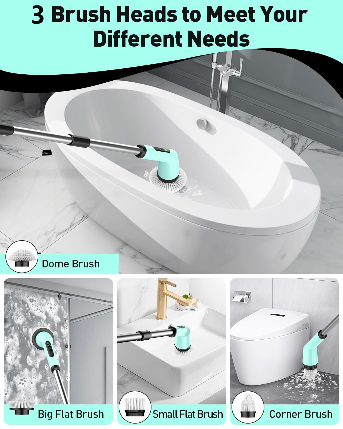 Shower Scrubber with Long Handle, Shower Cleaner Brush with 8 Floor Machine Pads, Cordless Electric Spin Scrubber for Cleaning with 2 Speed, Cleaning Supplies for Bathroom Bathtub Kitchen Floor Tile