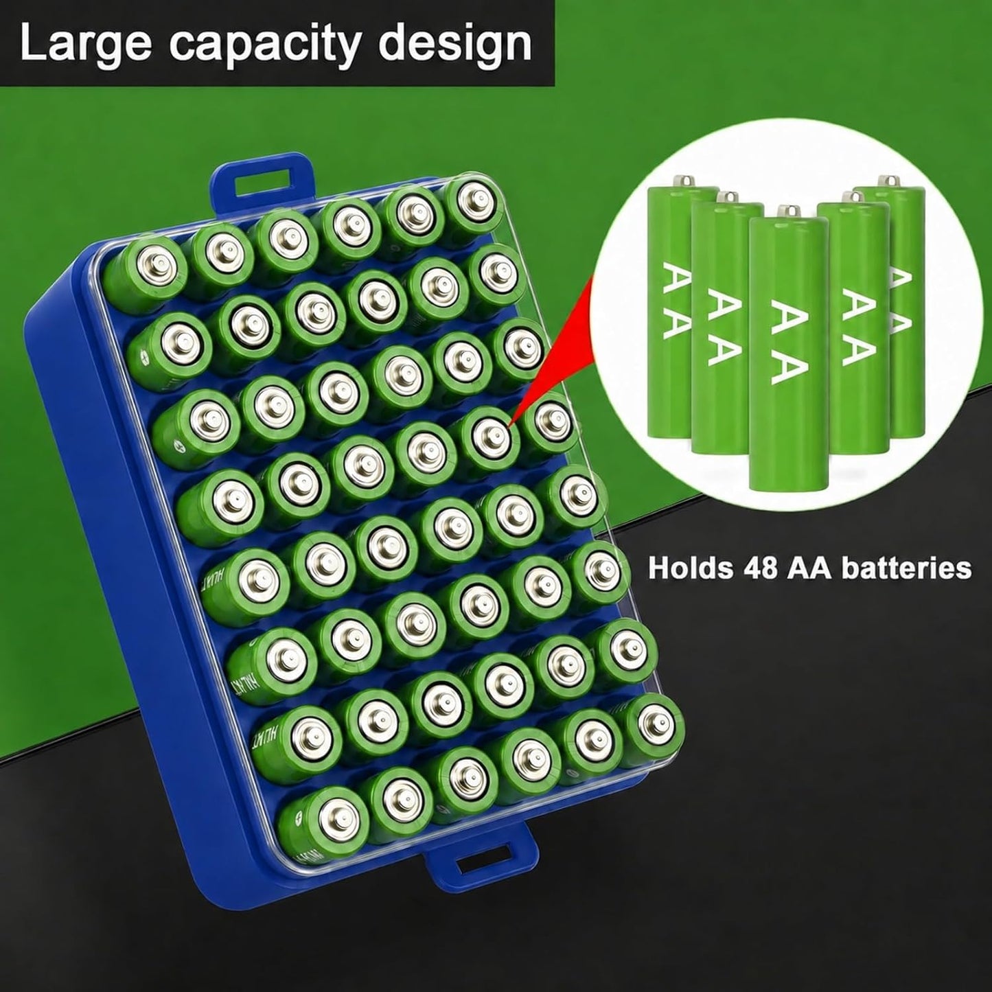 ALCYON Battery Organizer Storage Case, Battery Vault Box Container for 48pcs AA Batteries, Plastic Clear Protective Battery Holder for Travelling/Home/Office (Black, Large)