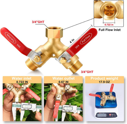 Garden Hose Splitter Full Flow Splitter No Restricted-Flow Connector Heavy Duty Brass Hose y Splitter, 2 way High Flow Hose Bib Adapter with Shut Off Valves (Butterfly Handle)
