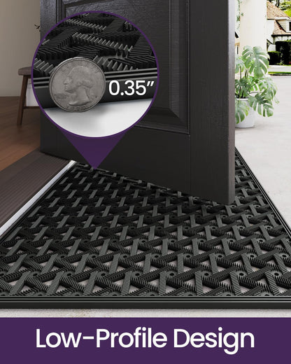 DEXI Front Door Mat Outside Entrance Rubber 19x30, Welcome Floor Doormat Heavy Duty Non Slip, Dirt Trapper Waterproof Exterior Entry Mats All Weather for Patio Entryway Drainage, Black